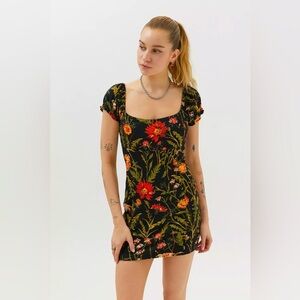 Urban Outfitters Ella Black Floral Ruffle Sleeve Bodycon Stretch Mini Dress M